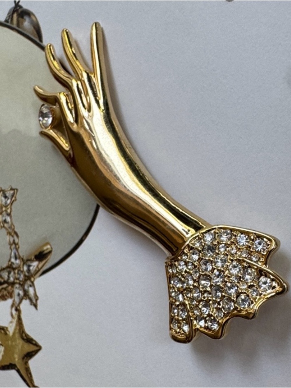Gold Hand Brooch Pin with Rhinestone Accent